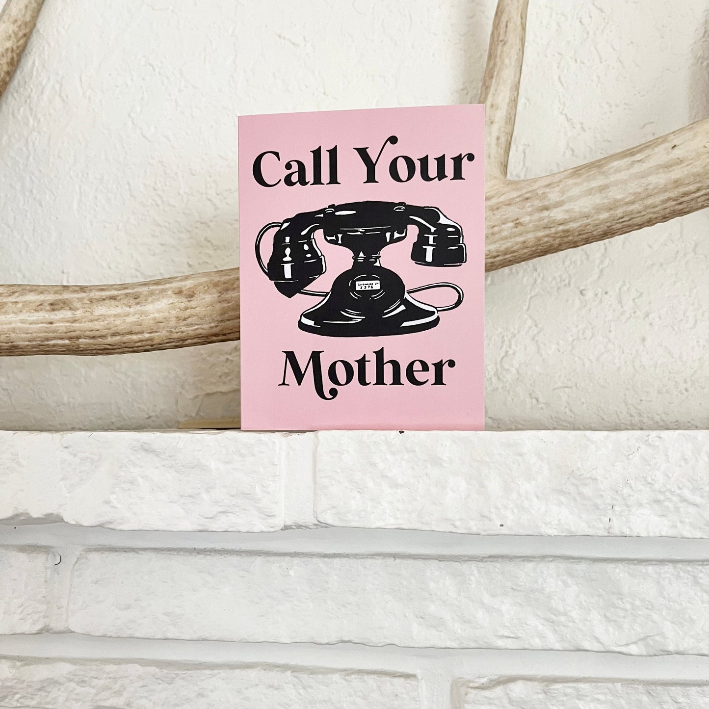 vintage style telephone pink background retro funny text Call your mother mother's day all purpose greeting card blank inside coin laundry