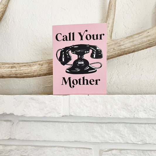 vintage style telephone pink background retro funny text Call your mother mother's day all purpose greeting card blank inside coin laundry