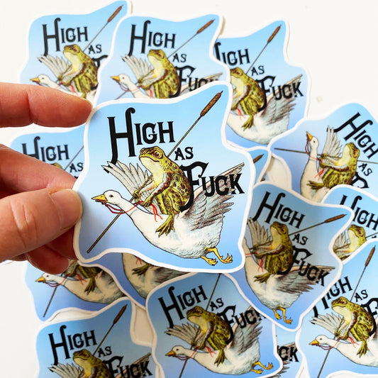 funny high as fuck sticker frog riding a goose blue weed humor 420 cute animals fun stickers coin laundry montana