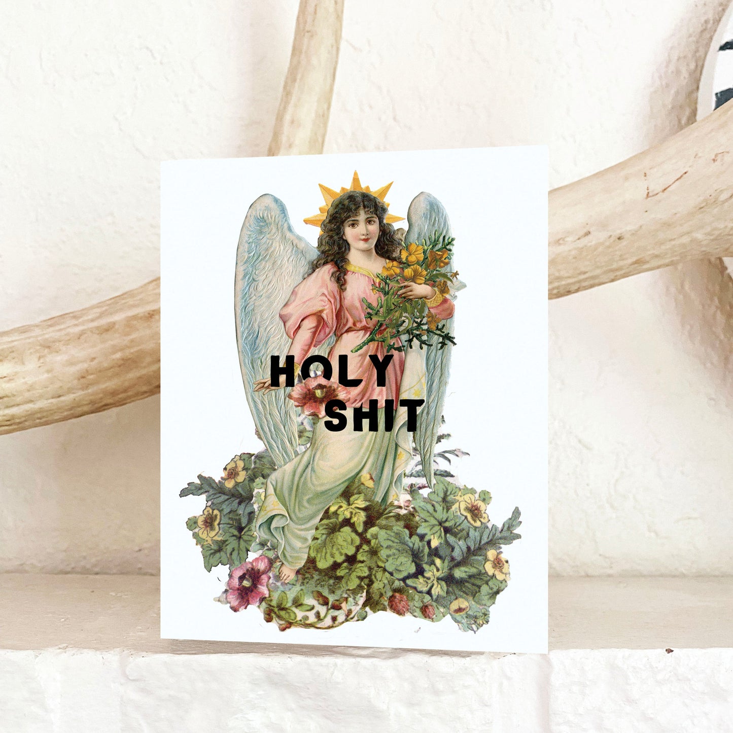 retro vintage kitsch angel with halo flowers floral cute funny snarky card holy shit vintage style cards sarcastic funny fun coin laundry cards