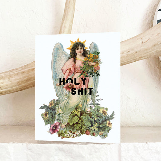 retro vintage kitsch angel with halo flowers floral cute funny snarky card holy shit vintage style cards sarcastic funny fun coin laundry cards