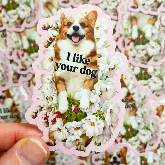 cute i like your dog sticker corgi flowers pink adorable fun coin laundry montana 