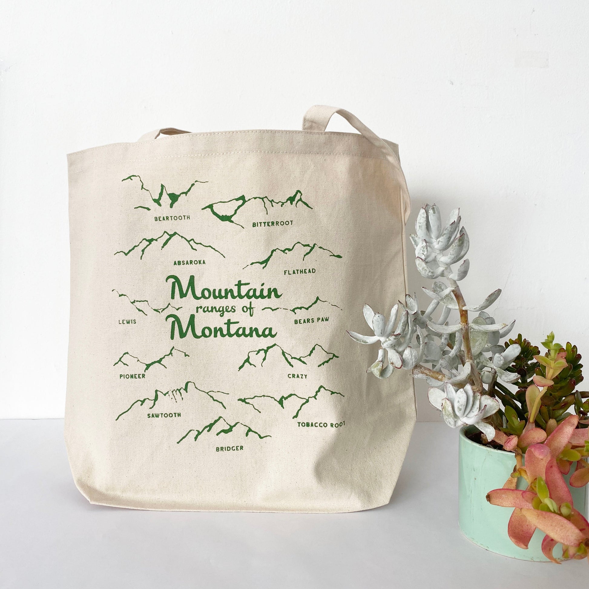 cute travel tote bag hiking outdoor lover mountain ranges of montana screen print green coin laundry bridger crazy tobacco root Cotton canvas reusable bag shopping tote