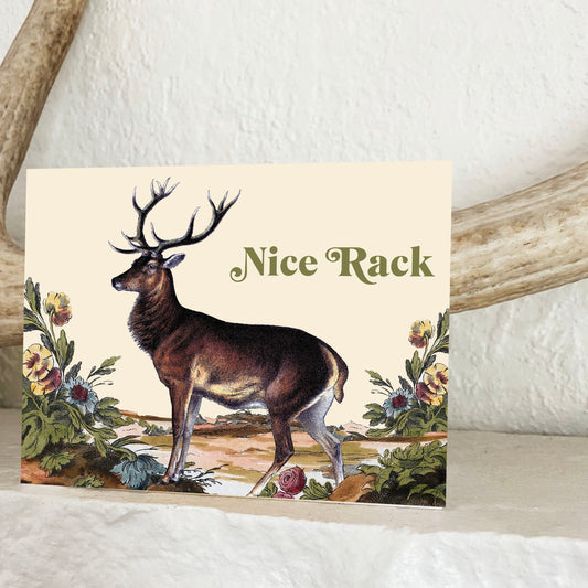 Vintage illustration of deer with large antlers next to wildflowers with text Nice Rack 