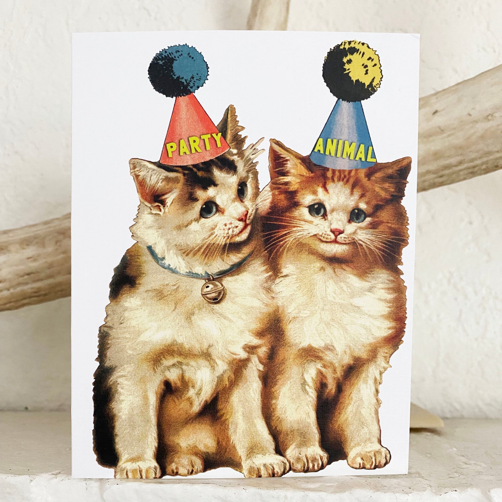 greeting card party animal vintage cats kittens wearing party hats any occasion birthday congratulations celebrate blank inside 