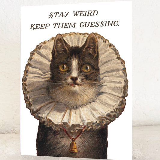 cute greeting card blank inside says Stay Weird Keep Them Guessing all purpose mail cat kitty vintage puffy collar bell brown cream funny bestie best friend sister brother 