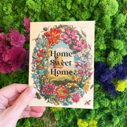 Home Sweet Home greeting card with flowers floral wreath pink and red blooms bee bees and honeycomb bee hive cute retro vintage style design snail mail coin laundry printed card